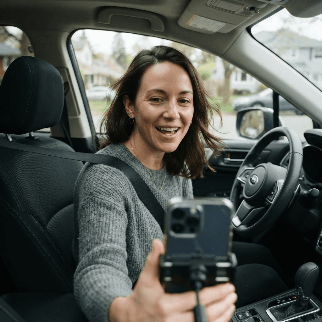 Homeowner recording a story from her car
