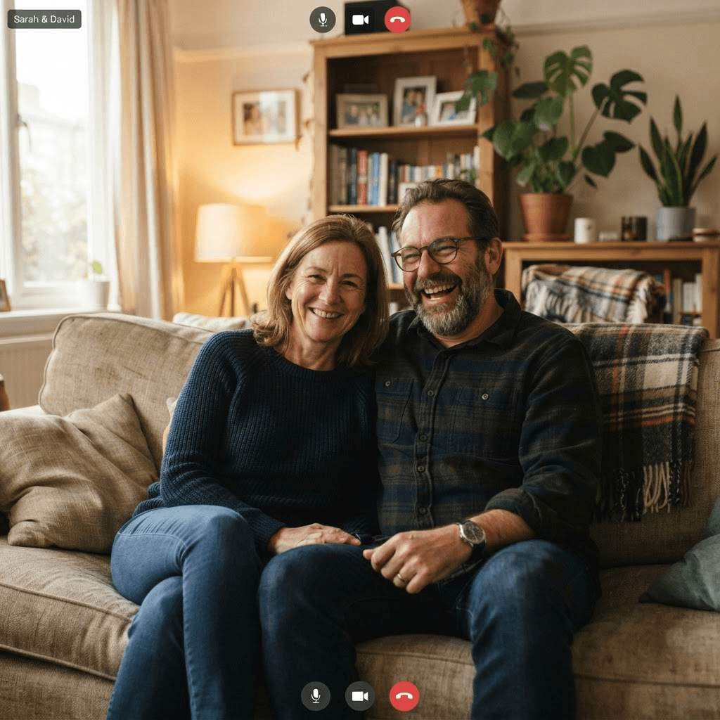 Couple sharing their story from their living room