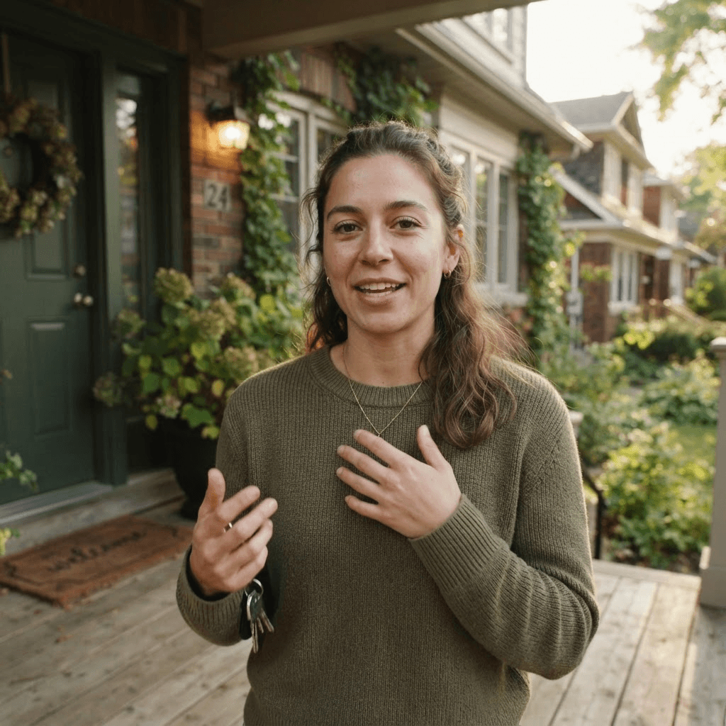 Homeowner sharing her story from her porch
