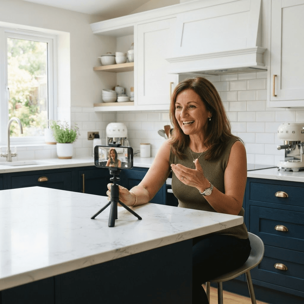 Homeowner in a modern bright kitchen with newly refinished navy and white cabinets during a video interview
