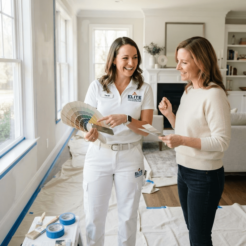 Professional residential painting contractor consulting with a homeowner in a clean living room with pristine drop cloths and blue tape