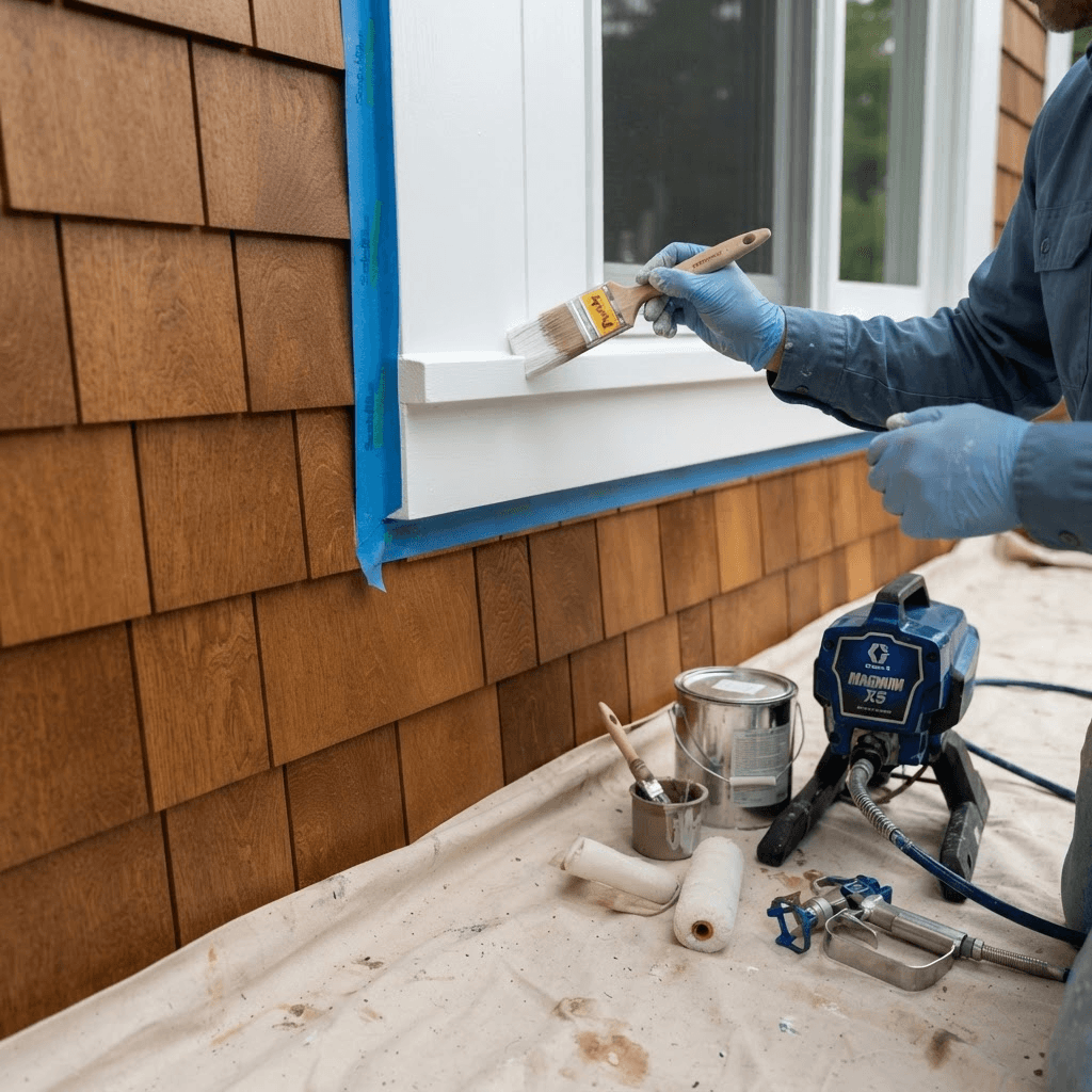 Close up craftsmanship detail of residential exterior painting on cedar siding with clean tape lines and professional spray equipment on drop cloths