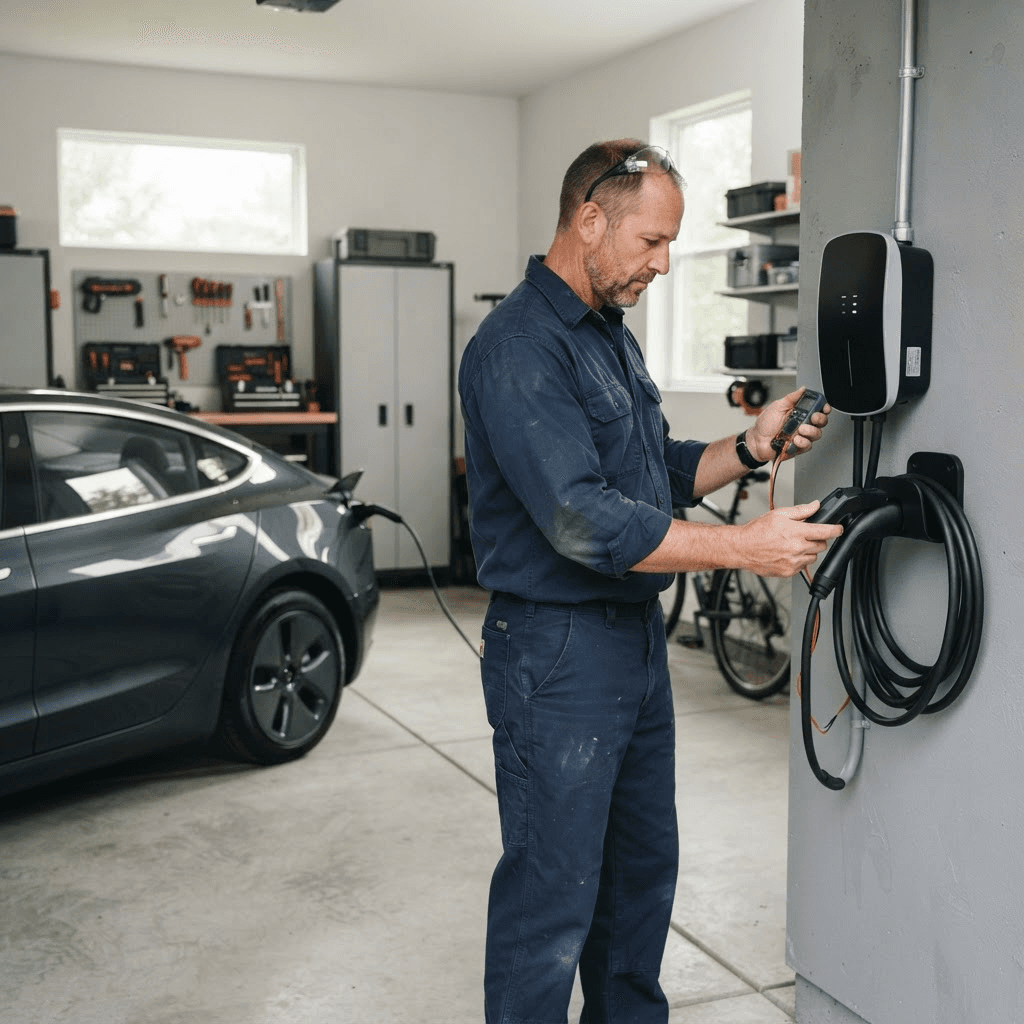 Electrician inspecting a finished wall-mounted EV charger in a residential garage