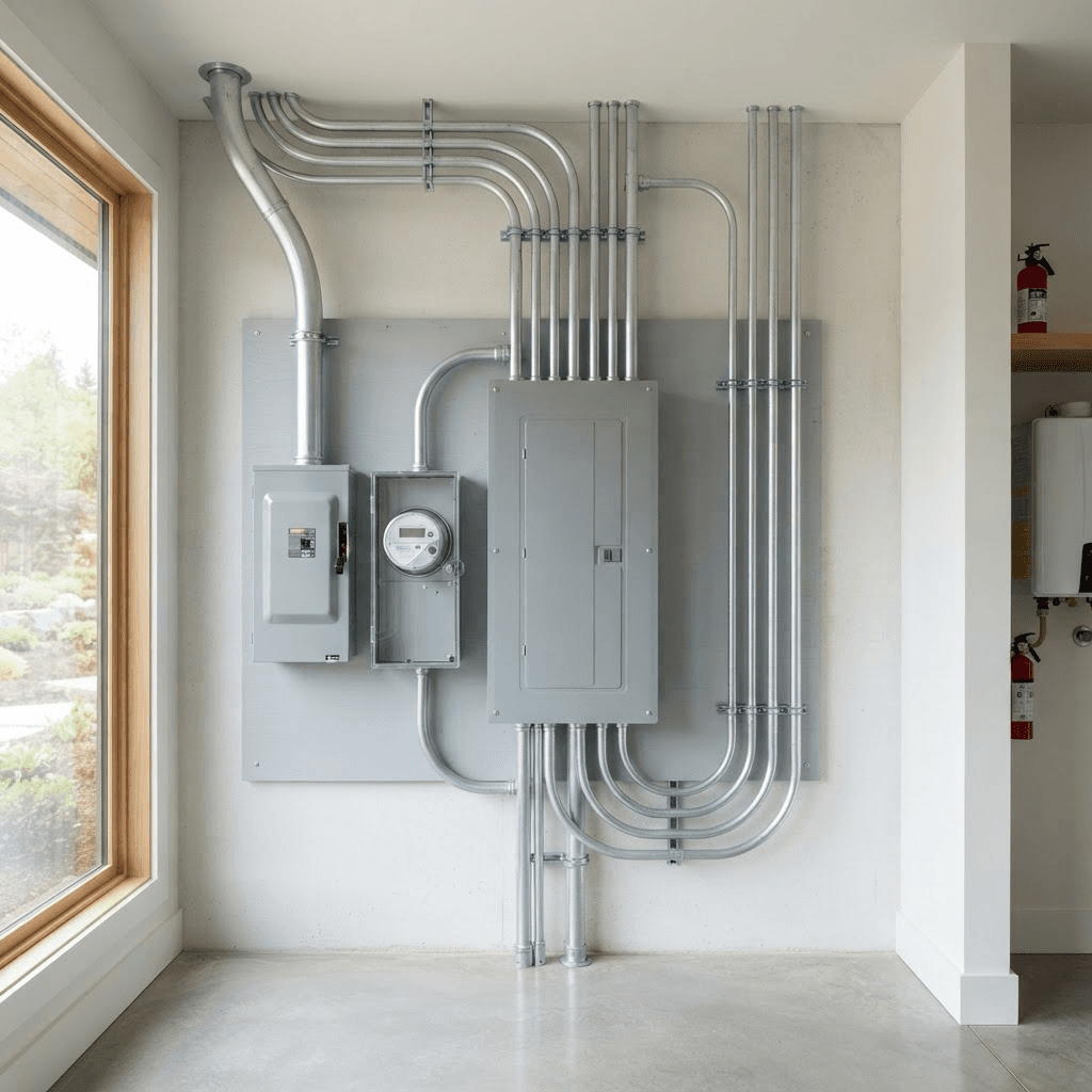 Clean finished residential electrical service equipment with closed panels