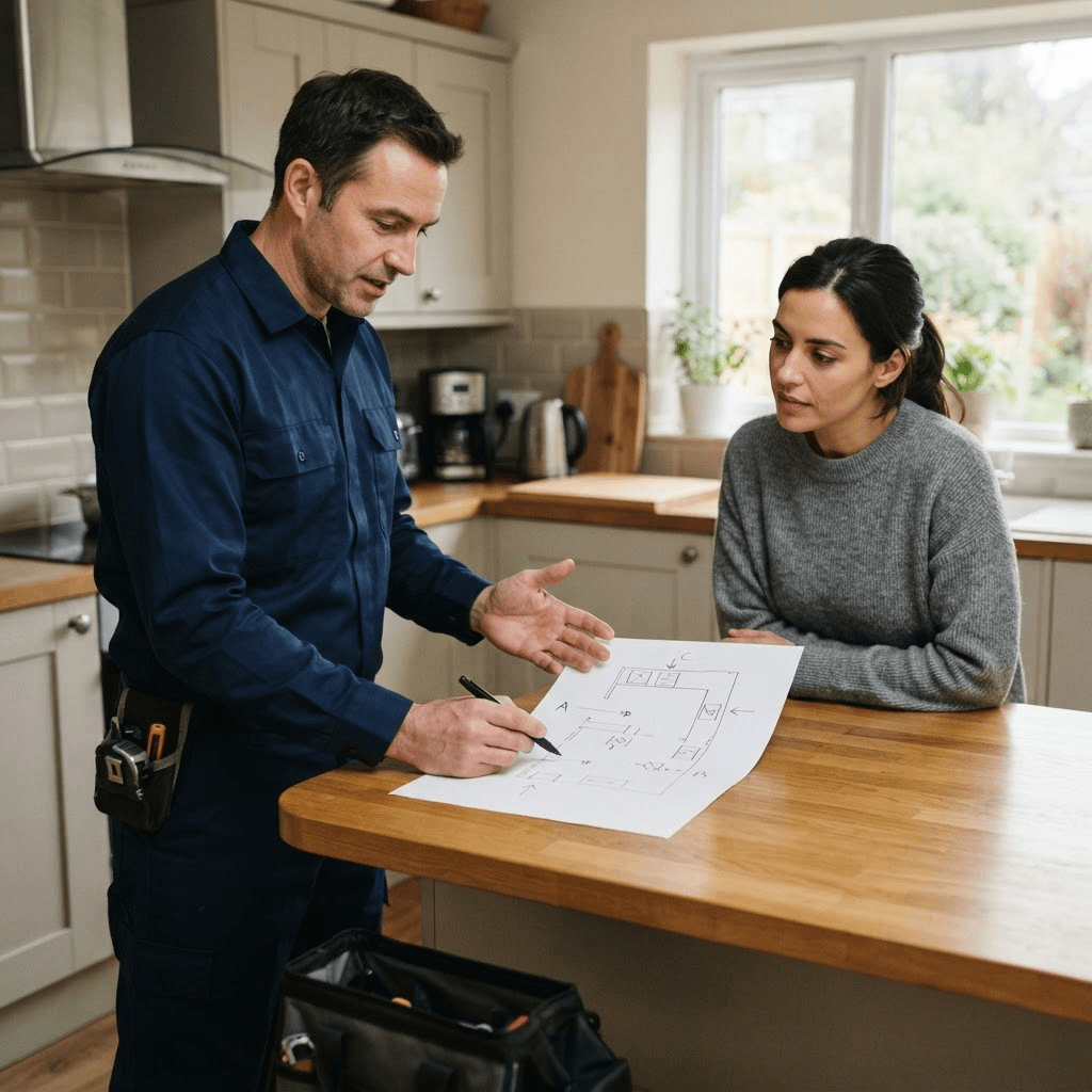 Electrician explaining a planned project to a homeowner in a quiet kitchen