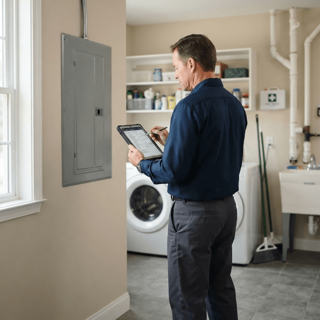 Residential electrician reviewing a closed modern electrical panel
