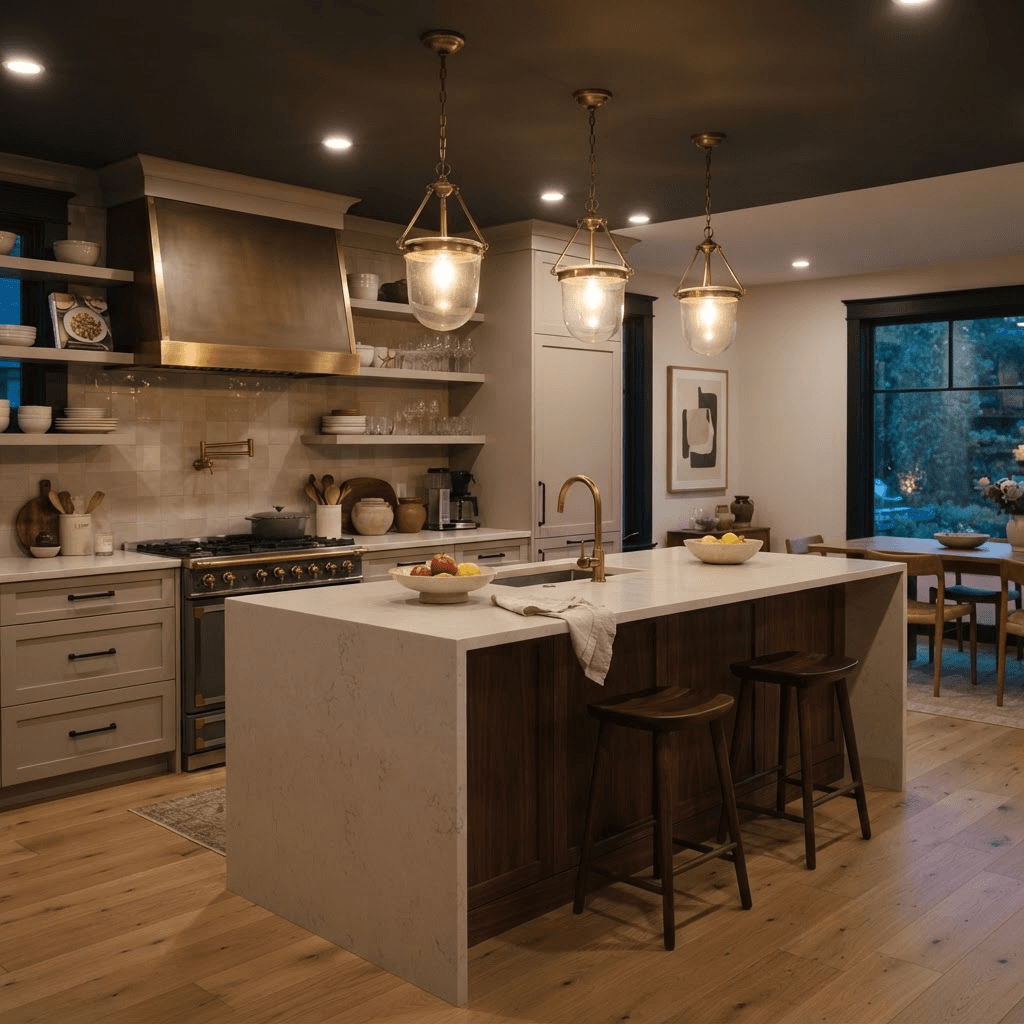 Finished pendant and recessed lighting in a residential kitchen