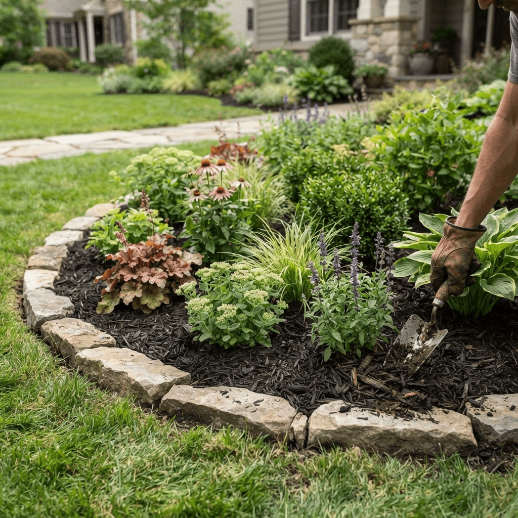 Detailed residential planting bed with natural stone edging and varied plants