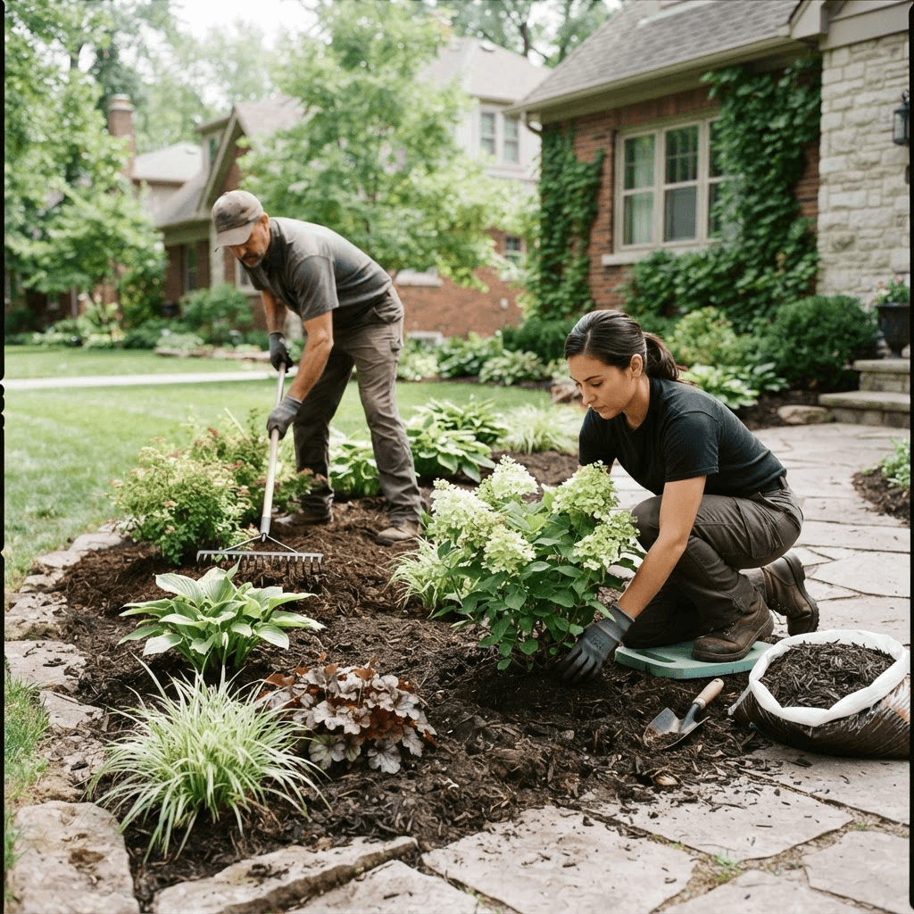 Landscape crew planting shrubs and refreshing a residential garden bed