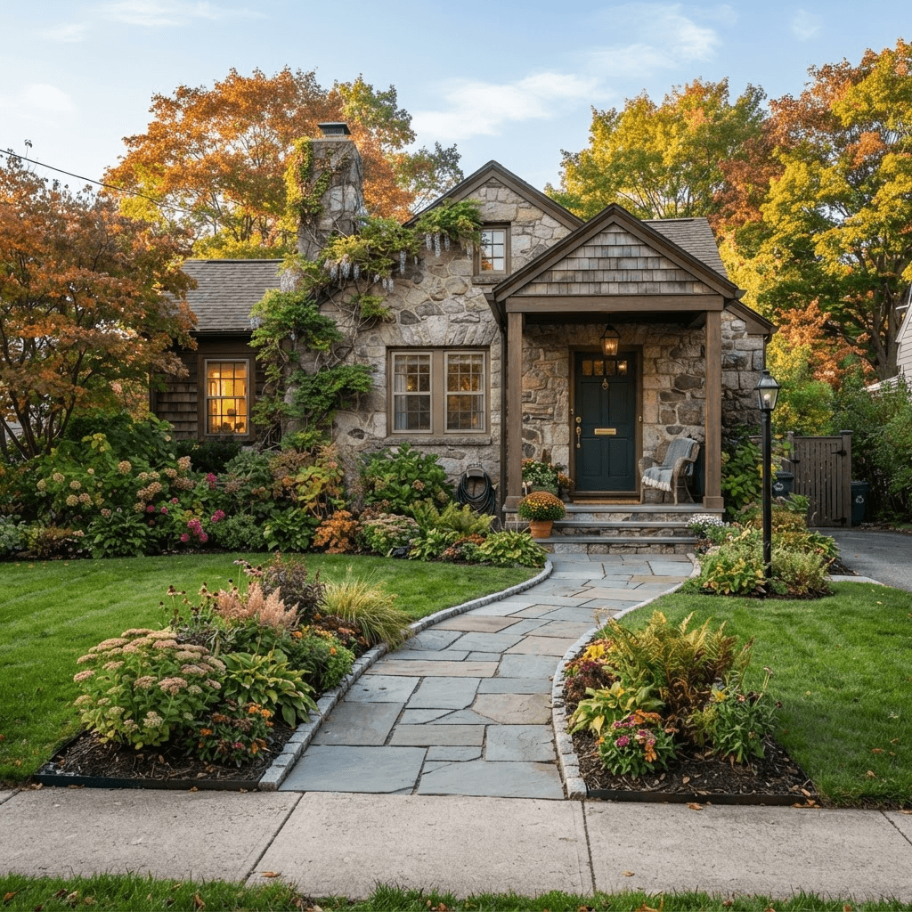 Professionally landscaped front yard with layered planting beds and a stone walkway