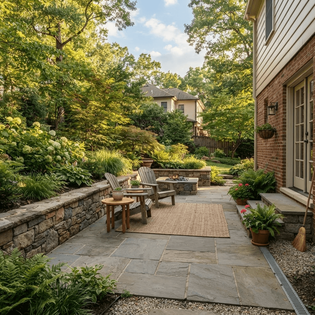 Completed residential stone patio with seating, retaining wall, and surrounding plants