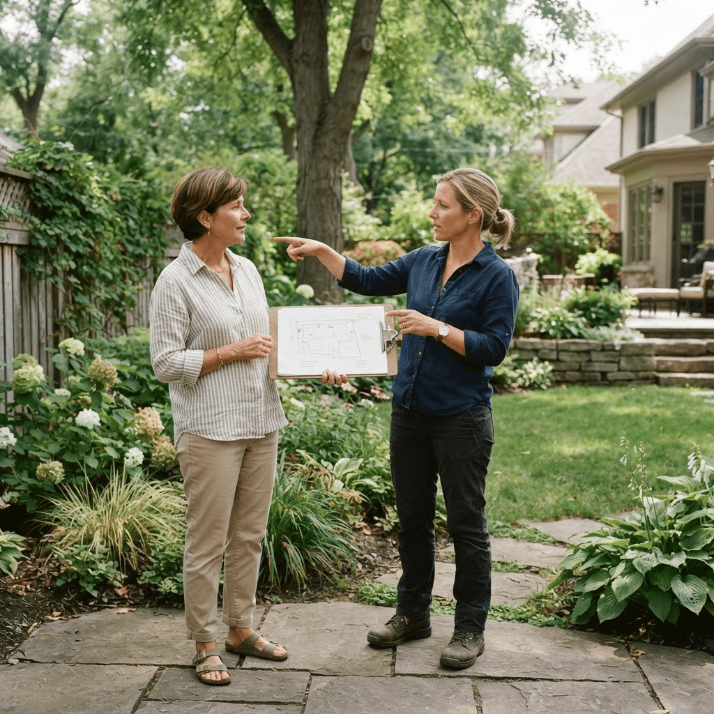 Landscape professional reviewing a property plan with a homeowner outdoors