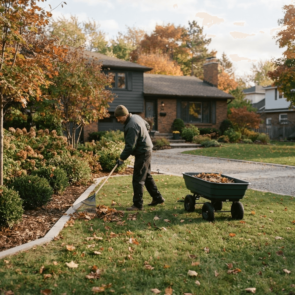 Landscaper caring for a neatly maintained residential property in autumn