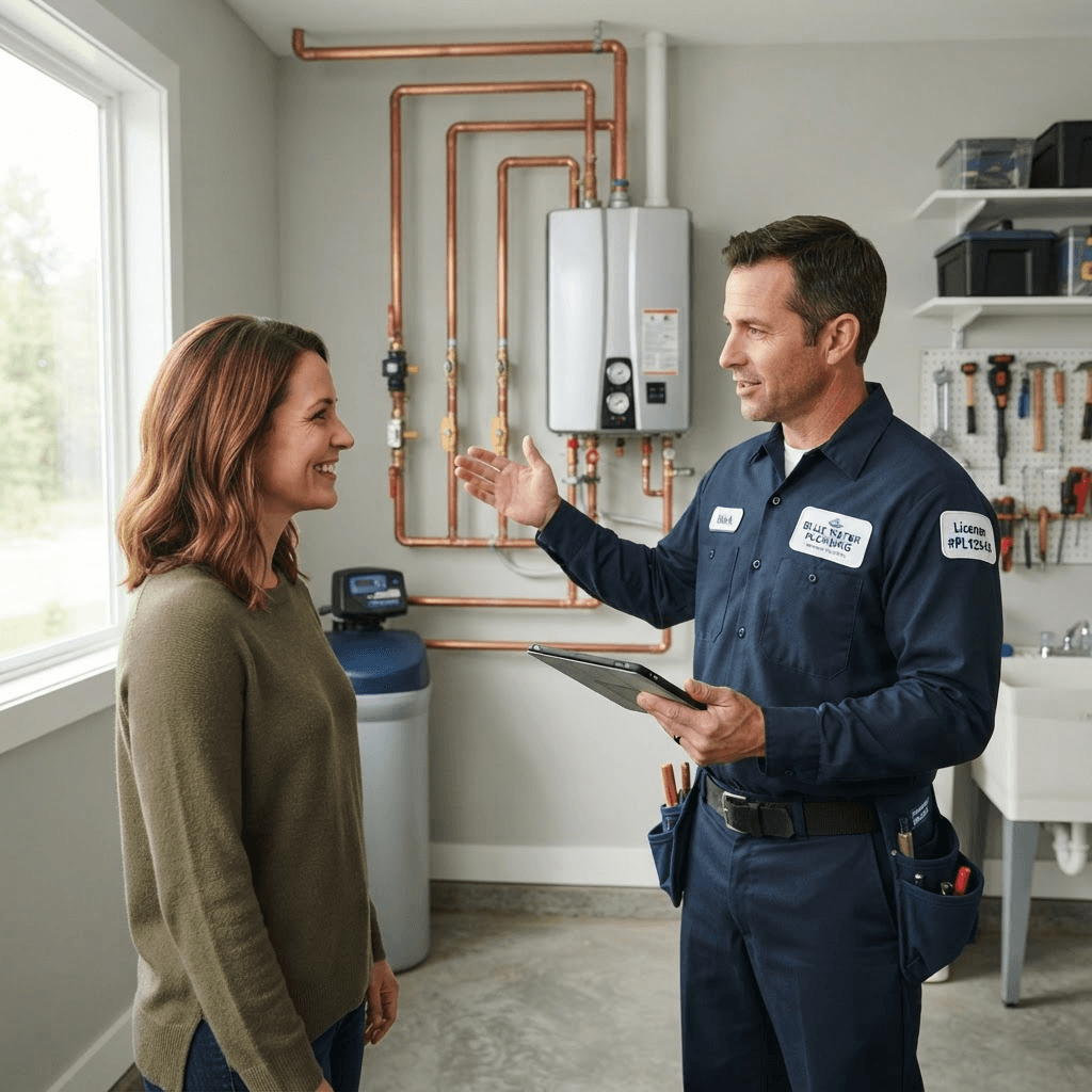 Licensed plumber explaining clear, upfront repair options to homeowner beside tankless water heater installation