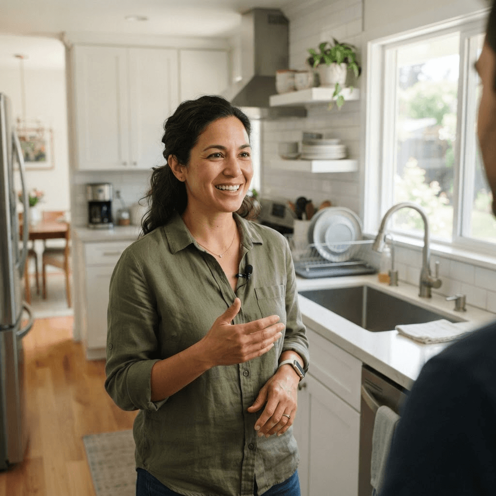 Homeowner sharing positive video testimonial about quick, clean emergency plumbing service in kitchen