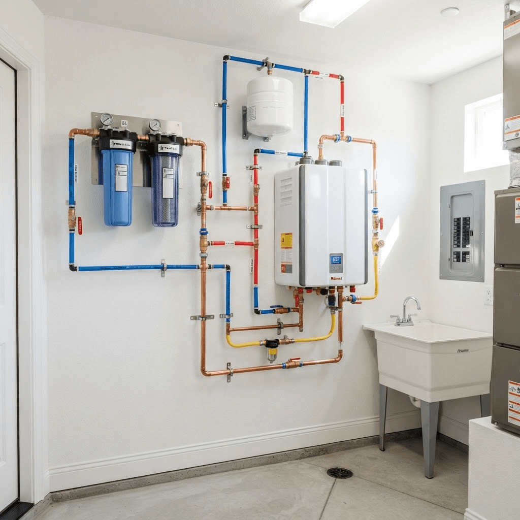 Clean modern tankless water heater and filtration system installation with copper and PEX craftsmanship