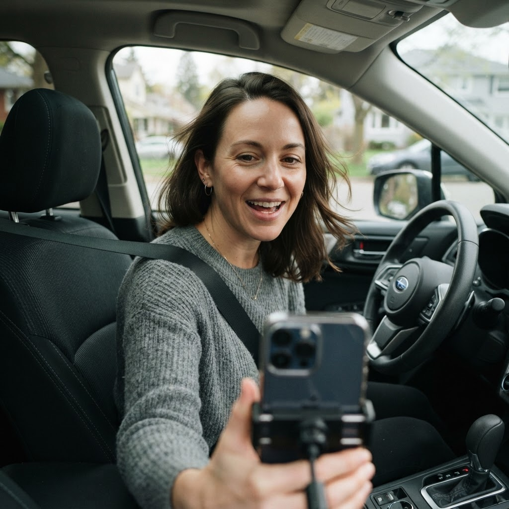 Homeowner recording a story from her car
