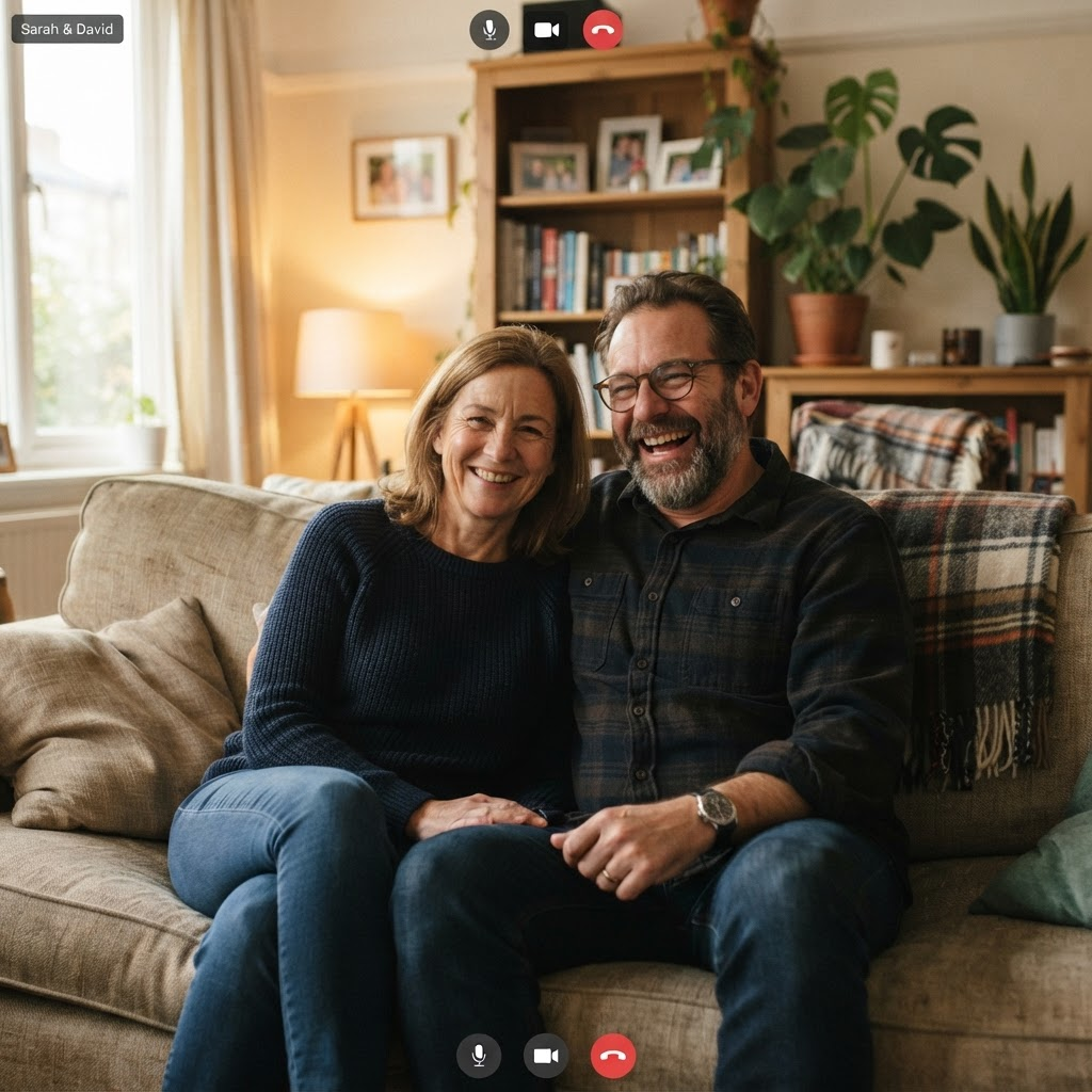 Couple sharing their story from their living room